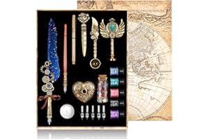 MPRINCE Quill Pen Ink Set - Feather Pen, Wooden Pen, 5 Replaceable Nibs, 5 Ink, Seal, Wax Beads, Envelope & Letter Paper - Blue