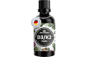 ‎FEEL NATURAL Vitamin D3/K2 Tropfen (50 ml) - 1000IE Vitamin D3 pro Tropfen - Spitzenrohstoff K2VITAL® mit 99,7% All-Trans-MK-7 - laborgeprüft, hochdosiert, ohne Zusätze, in Deutschland produziert