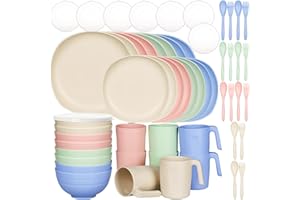 Greentainer Unbreakable Plastic Dinnerware Sets, 56 pcs Lightweight Camping Tableware Set, Microwave & Dishwasher Safe Plates Set, Bowls, Cups Mugs, Service for 8, Great for Kids & Adults