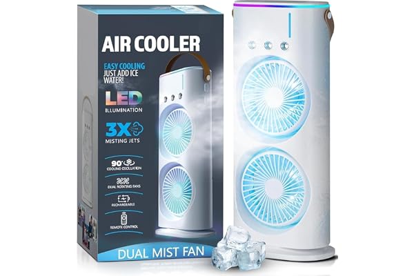 PYXBE USB Portable Cooling Fan with Remote Control,Rotatable with water Tank Mini Air Cooler,280ml 7Colors Light Rechargeable Mist Cooling Fan,Bedroom (A-White)
