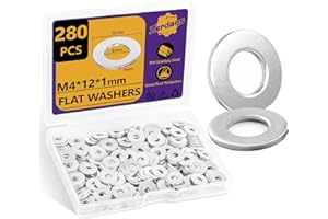 ZERDANS M4 Washers, M4 x 12mm Metal Flat Penny Washer Thickness 1mm- A2 304 Stainless Steel Washers (280 Pack), Large OD Plain Wide Metal Round Flat Spacer Repair Washer for Screws Bolts