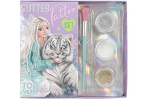 Depesche 12518 TOPModel Fantasy Tiger - brokatowy zestaw tatuaży dla dzieci z 30 samoprzylepnymi tatuażami, 1 pędzelkiem i 3 brokatowymi pudrami w kolorze srebrnym, białym i złotym.