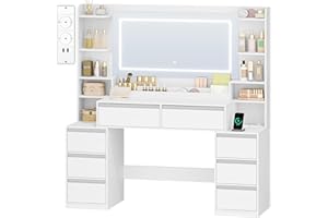 HEXCELEN Schminktisch mit Großer Spiegel, Frisiertisch und Haartrocknerhalter, 8 Schubladen, Offenen Fächern, 135 × 40 × 145,2 cm, Moderne Weiß-Silber Schminktisch