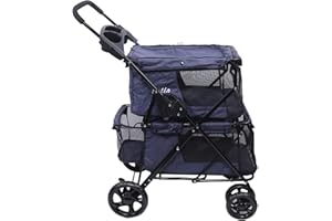 WANWANPER Poussette pour chien à 2 étages pour animaux domestiques jusqu'à 16 kg, avec fenêtre en maille et remorque, pour petits chiens, chats, 40 x 85 x 99 cm, bleu