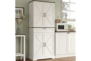 FUSOU 180cm Kitchen Cupboard Pantry Cabinet, Tall Storage Cabinet with 8 Door Shelves, 2 Cabinets and 1 Drawer, Freestanding Cupboard for Kitchen, Dining Room, Bathroom, Laundry, White