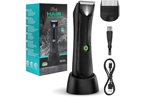 Vexloria Pubic & Body Hair Trimmer for Men, Body Groomer, Electric Groin Hair Trimmer with Ceramic Blade Head, Wet/Dry Shaver with LED Light and Charging Base（Black）