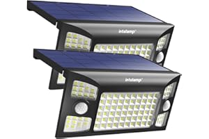 intelamp Luz Solar Exterior, 1300LM/3 Modos Focos Solares Exterior con Sensor de Movimiento, 4000mAH IP65 Impermeable Lamparas Exterior para Jardín, Garaje, Calle, Patio, Caminos (2)