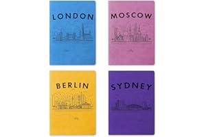 GRT - Quaderno formato A5 in ecopelle PU colorata, diario giornaliero, taccuino da viaggio, colori casuali, decorazione con disegni sulle città europee, confezione da 4 pezzi