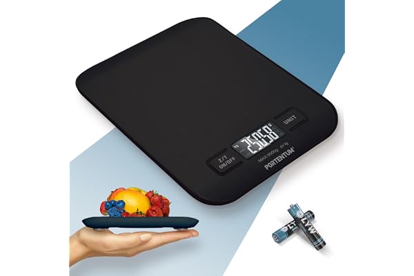 PORTENTUM Digital köksvåg 5 kg/11 lb med stor LCD-skärm, matvågar med stor vägningsyta i rostfritt stål, vätemätning, hög precision upp till 1 g, tarafunktion