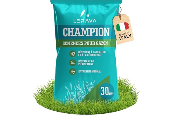 LERAVA CHAMPION Gazon à Semer (30 m²) - Graines Pelouse Résistantes à la Sécheresse - Croissance Rapide et Densité Maximale - Semences de Gazon Premium pour Jardin Durable