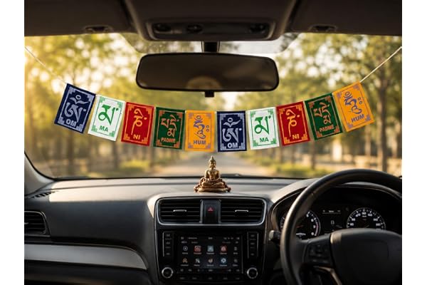 FEATHRA Tibetan Prayer Flag Car Hanging Decor | Om Mani Padme Hum Buddhist Prayer Banner | Rear View Mirror Hanging Ornament