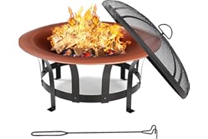 TLSUNNY Braciere (Φ76 cm), braciere con parascintille e griglia, braciere per barbecue e riscaldamento, braciere da giardino, design retrò, braciere in colore rame