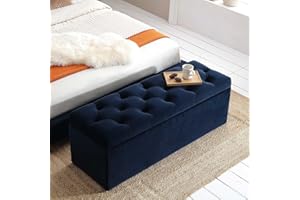 AZ INTERIORS ROYAL FURNITURE 90cm Wide Ottoman Storage Box, Chesterfield Upholstered Coffee Table, End of Bed Bench, Plush Velvet Blanket Box, Ottoman Footstool, Shoe Bench with Storage (Sapphire Blue Velvet)