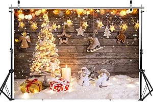 LYWYGG 7x5FT Fondo de Navidad Fondo de árbol de Navidad Dorado Fondo de Muñeco de Nieve Fondo de Tablones de Madera Telones de Fondo de Navidad para Fotografía CP-207