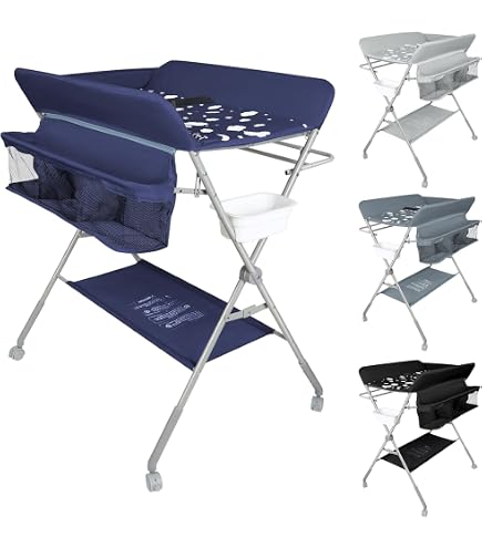 Supfine Table à Langer Pliable 4-en-1 – Hauteur Réglable 86-94 Cm, Roulettes Verrouillables, Panier XL, Tringle, Crème