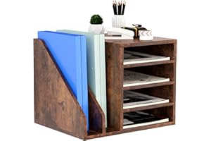 Senhoglb Wood Desk Organiser File Holder, Wooden Mail Organizer Countertop with Adjustable Compartments, Desktop File Organiser Paper Sorter for Home, Office and School, Envelope Organizer, Brown
