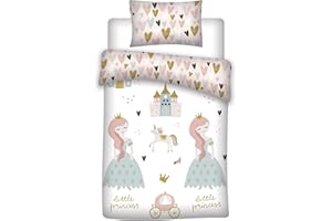 LESACCESSOIRES Set di biancheria da letto per bambini, motivo principessa, copripiumino 100 x 135 cm, federa 40 x 60 cm, cotone con principessa, castello e unicorno