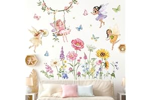 ‎DECALMILE decalmile Wandtattoo Mädchen Feen Blumen Wandaufkleber Schmetterling Wildblumen Elfen Wandsticker Babyzimmer Kinderzimmer Schlafzimmer Wanddeko