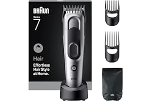 ‎BRAUN Braun Haarschneider Series 7, Haarschneidemaschine und Rasierapparat für Herren, Haartrimmer mit Ultrascharfer Klingen, 17 Längen, 5 Zubehörteile, 50 Min. Akku, Abwaschbar, HC7590, Grau