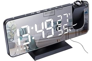 ThreeH Sveglia a Proiezione per Camera da Letto Ampio Display a Specchio LED da 7,4'' e radiosveglia con 4 dimmer con Ricarica USB Ruotabile a 180° 2 Suoni Nero-Bianco