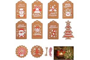 JOKILY 100 Stück Weihnachten Kraftpapier Etiketten, Weihnachtsgeschenkanhänger, Geschenkanhänger Kraftpapier Tags Anhängeschilder mit 10m Hanfseil + 10m Rotes Seil für Dekorieren von Weihnachtsbaum