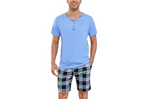 Irdcomps Pyjama Homme Ete Coton Ensembles de Pyjama Court Short à Carreaux Col V à Manches Courtes Vêtements De Nuit Décontracté Été Vêtements de Détente 2 Pièces Maison Doux et Confortable