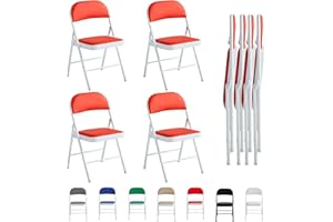 mcc direct Set of 4 Folding Chairs, Faux Leather Foldable Chairs with Metal Frame and Padded Seat, Easy to Fold and Store for Home, Office, Dining and Reception (Red)