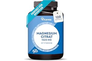 ‎VITAVEA Magnesiumcitrat - 120 vegane Kapseln - 1520 mg Magnesium Citrate pro Tagesdosis - Perfekt für Sportler - Muskelnfunktion, Nerven & Energie - Mit Vitamin B6 - Laborgeprüft, Ohne Zusatzstoffe - Vitavea