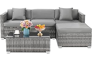 TLGREEN 5PCS Garden Sofas Rattan Corner Furniture Set All-Weather PE Rattan Wicker Patio Conversation Set with Modern Glass Coffee Table and Gray Washable Cushions