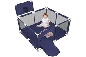 MUL-BOUTIQUE Parc Bébé Modulable et Pliable, Jeux Avec Support de Basket et 50 Ballons, Structure Stable et Facile à Installer (Bleu Marine, 126x126cm)