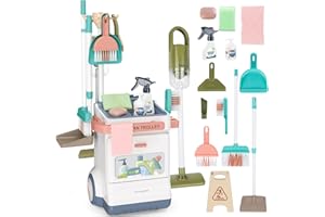 deAO Carro de Limpieza de Juguete, 14 Piezas Set Limpieza Juguete Incluido Escoba y Recogedor, Escoba, Aspiradora con Función, etc. Juguetes de Hogar,+3 Años,Regalos de Cumpleaños, Navidad (Blanco)