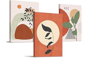 hyidecorart Tableau Boho Chic, Tableau Decoration Murale Salon Feuilles Abstraites Orange Et Soleil, Nordique Minimaliste Moderne Decoration Murale Chambre Salle De Bain Cuisine Bureau