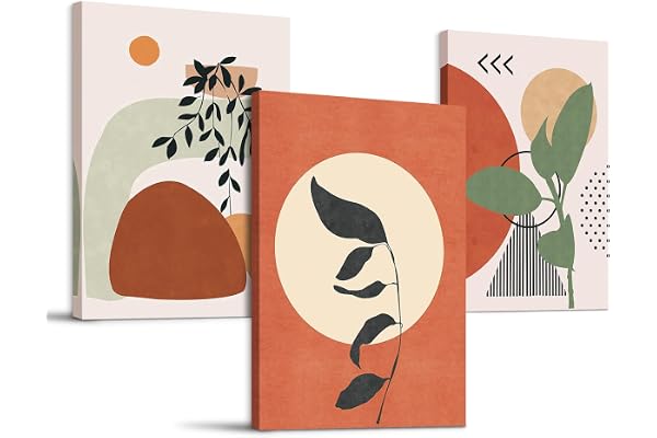 hyidecorart Tableau Boho Chic, Tableau Decoration Murale Salon Feuilles Abstraites Orange Et Soleil, Nordique Minimaliste Moderne Decoration Murale Chambre Salle De Bain Cuisine Bureau