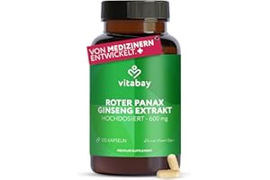 ‎VITABAY Vitabay Roter Ginseng 600 mg – 120 vegane Panax Ginseng Extrakt Kapseln – Standardisiert auf 20% Ginsenoside – Vegan und frei von Zusatzstoffen – Sorgfältig verarbeitet – Laborgeprüft in Deutschland