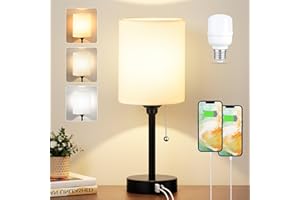 Seealle Bedside Lamps, Table Lamp with USB C+A Ports, 3 Color Temperatures - Lamp with Pull Chain Switch White Linen Shade, Small Bedroom Lamp for Living Room Kid's Room(Bulb Included)