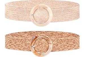 HOLEMZ Cinturón de Vestir Tejido Elástico Cinturón de Paja Trenzadode Ropa Delgado Marrón Beige con Hebilla Redonda para Mujer Niñas Vestidos Camisas Largas Abrigos Playa Bohemio 2 Piezas