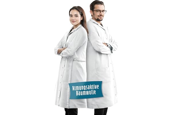 Merroum laboratorierock vit av 100 % bomull (200 g/m²) med flera fickor för laboratorier, sjukhus, läkararbetare, studenter, skolor, för kvinnor och män.