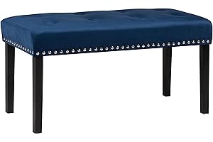 BELIANI Banco tapizado en Terciopelo Azul con Patas Negras 51 x 102 x 43 cm Adorno de Cabeza de Clavo Glam Yorkton