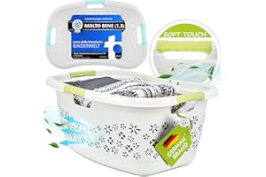 KINDERWELT Cesto portabiancheria Premium da 50 l, con forma ergonomica, manici soft touch, design traspirante e effetto floreale decorativo (bianco/acquamarina)