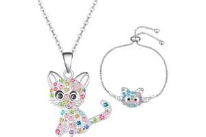 jagosen Girls Jewellery Set 2 PCS Cat Necklace Bracelet Set Sterling Silver Kids Crystal Cat Lovers Gifts For Women Girls Christmas Birthday Presents