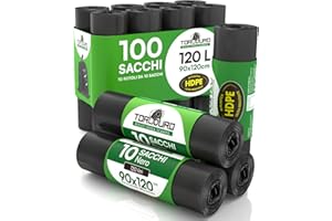 EUROCALI 100 Sacchi Neri Grandi Spazzatura in Plastica HDPE ToroDuro 90x120cm 120L Antiforo Ultra Resistenti per Raccolta Rifiuti Pattumiera Condominiale 10 Rotoli a Strappo - 100 Sacchetti