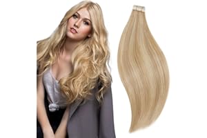 ‎RUNATURE RUNATURE Tape Extension Echthaar 30cm Kurz Blond Remy Echthaar Extenions Tape Unsichtbare Tape in Glatt Extensions Echthaar Goldblond Mit Hellblond 30g Farbe #16P24