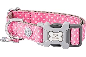HUGO & HUDSON Tkanina nylonowa obroża dla psa z klamrą zabezpieczającą z szybkim odpinaniem - miękka i wygodna wyściełana obroża dla zwierząt domowych - różowa gwiazda - L