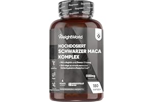 ‎WEIGHTWORLD Maca Kapseln - 5550mg pro Kapsel - 6 Monate Vorrat - Schwarzer & Gelber Maca Komplex mit L-Arginin, Panax Ginseng, Schwarzer Pfeffer & Zink - 180 Capsules - Frauen & Männer - Glutenfrei - WeightWorld