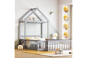 MYBOO Kinderbett Bodenbett Einzelbett 90x200 cm mit Sicherheitsgitter&Lattenrost&Dach&Kleiderstange, Montessori Bett Bed Gitterbett Hausbett Holzbett Bettgestell Jugendbett, Kiefernholz, Ohne Matratze, Grau