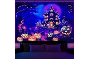 OSVINO Arazzo da parete con castello di luce nera, 130 x 150 cm, zucche castello, luna, psichedelico, Halloween, Pasqua, neon per camera da letto, soggiorno, hippie