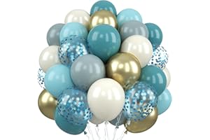 JOBKOO Luftballons Blau, 60 Stück 12 Zoll Türkis Beige Creme Latex Party Ballons mit Metallic Gold Blau Konfetti Helium Luftballon Blaugrün Turquoise Weiß Ballon Set für Geburtstag Babyparty Hochzeit Deko