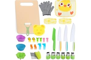 TAIXING 31PCS Kids Cooking Set, Safe Kids Knife Set for Chopping in 4 Sizes, Mini Chef Knife Sets for Kid with Cutting Board, Fruit & Vegetable Crinkle Cutters, Safety Gloves, Apron, and Cartoon Forks