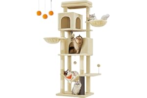 Feandrea Arbre à Chat, Tour à Chat de 175 cm de Haut, Multi-Niveaux, avec 2 Niches, 2 Paniers, 5 Griffoirs, Toilettage Autonome, Perchoir, Hamac, Beige Sable PCT182Y01