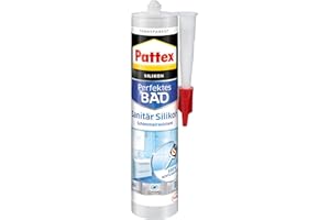 ‎PATTEX Pattex Perfektes Bad Sanitär Silikon, wasserfestes und schimmelresistentes Silikon für Bad und Küche, langlebige Dichtmasse für Fugen und Übergänge, transparent, 1 x 300 ml Kartusche